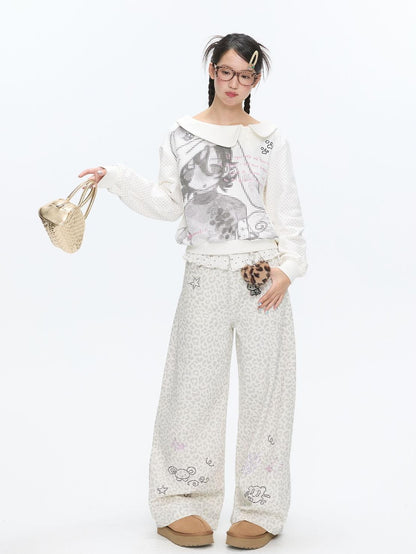 BETWEENAND White Leopard Print Rhinestone Lace High Waist Women&