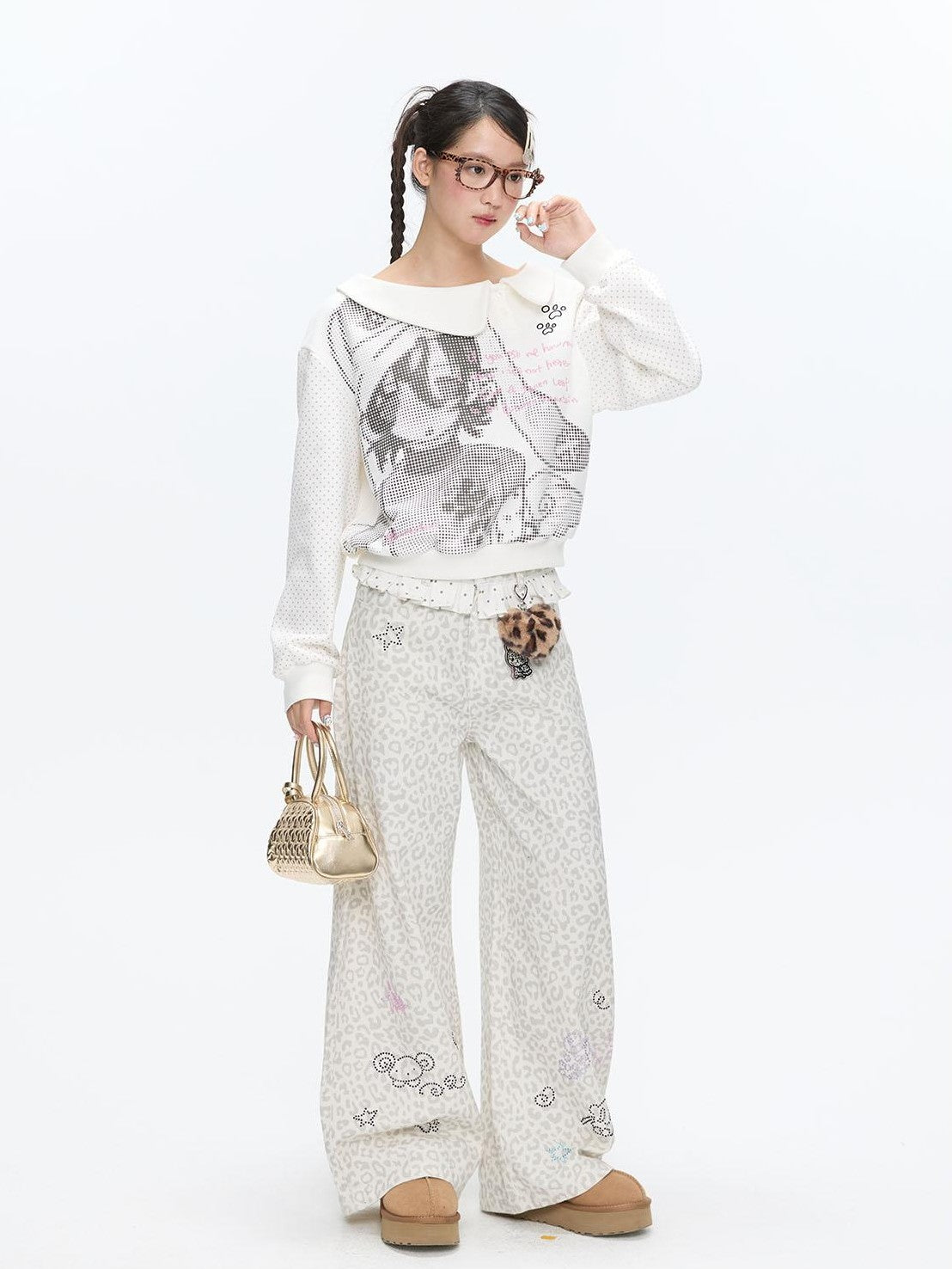 BETWEENAND White Leopard Print Rhinestone Lace High Waist Women&