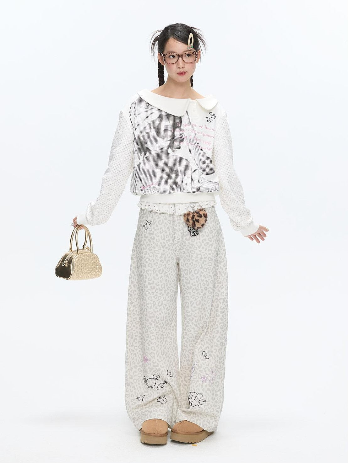 BETWEENAND White Leopard Print Rhinestone Lace High Waist Women&
