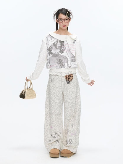 BETWEENAND White Leopard Print Rhinestone Lace High Waist Women&
