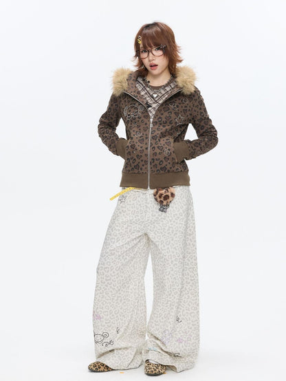 BETWEENAND White Leopard Print Rhinestone Lace High Waist Women&