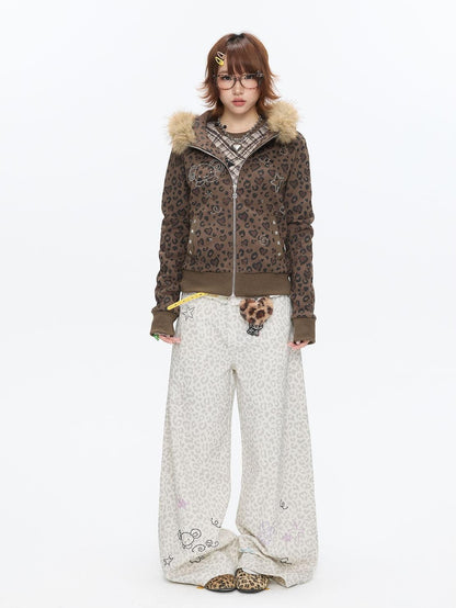 BETWEENAND White Leopard Print Rhinestone Lace High Waist Women&
