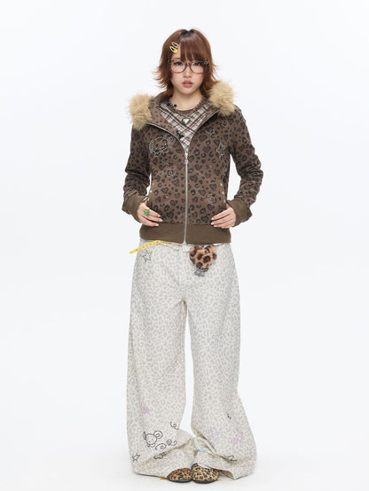 BETWEENAND White Leopard Print Rhinestone Lace High Waist Women&