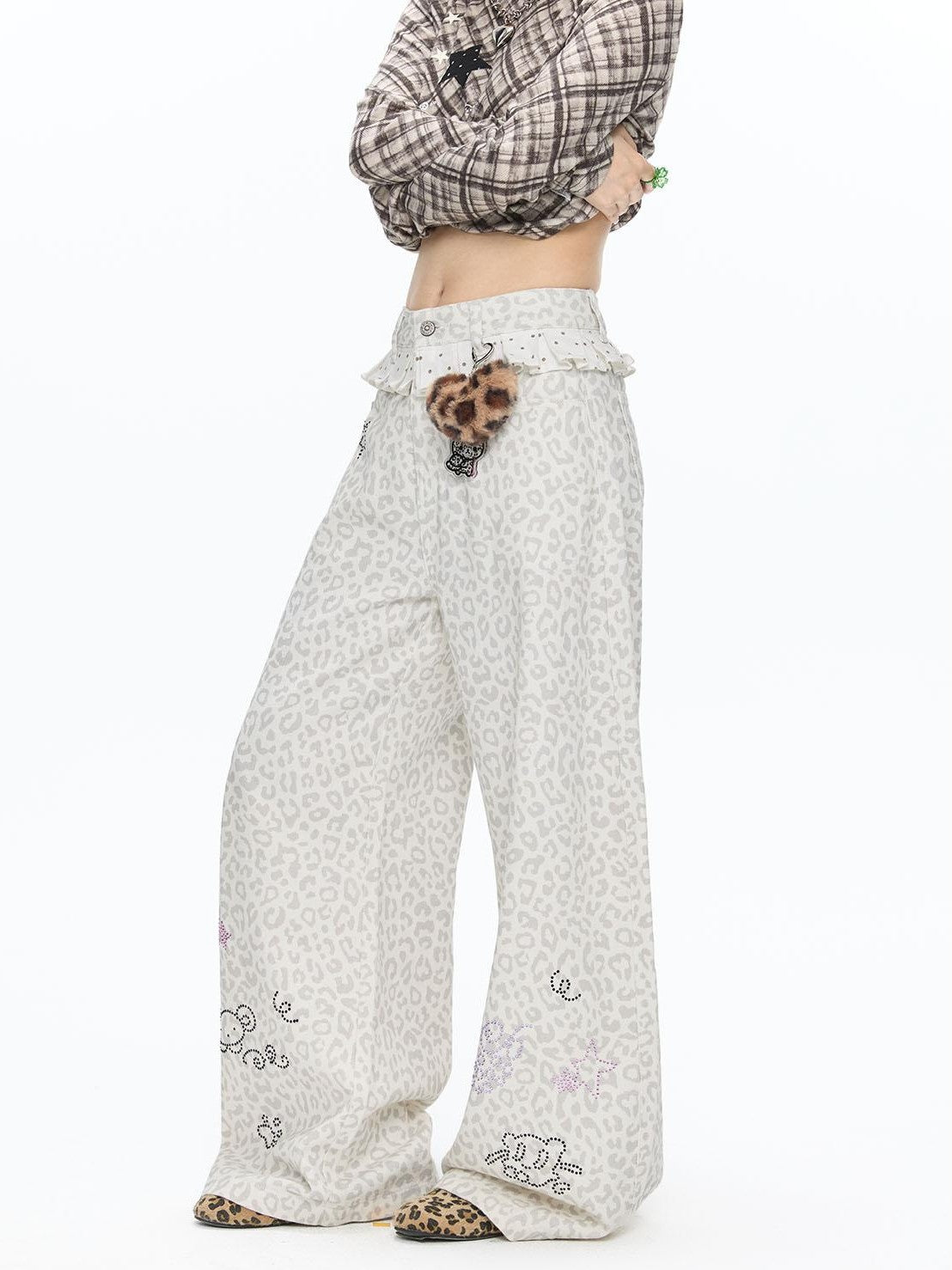 BETWEENAND White Leopard Print Rhinestone Lace High Waist Women&