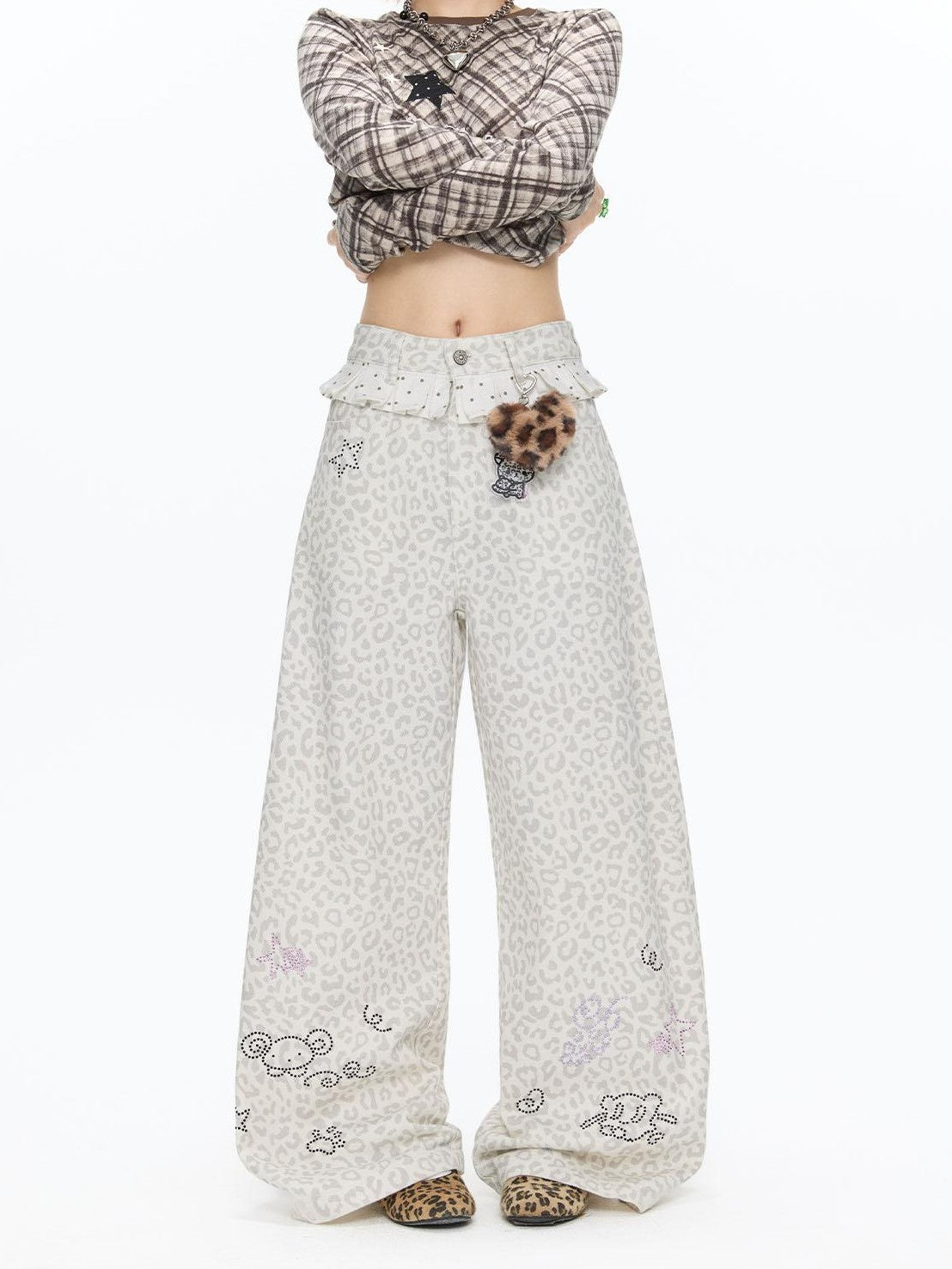 BETWEENAND White Leopard Print Rhinestone Lace High Waist Women&