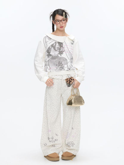 BETWEENAND White Leopard Print Rhinestone Lace High Waist Women&