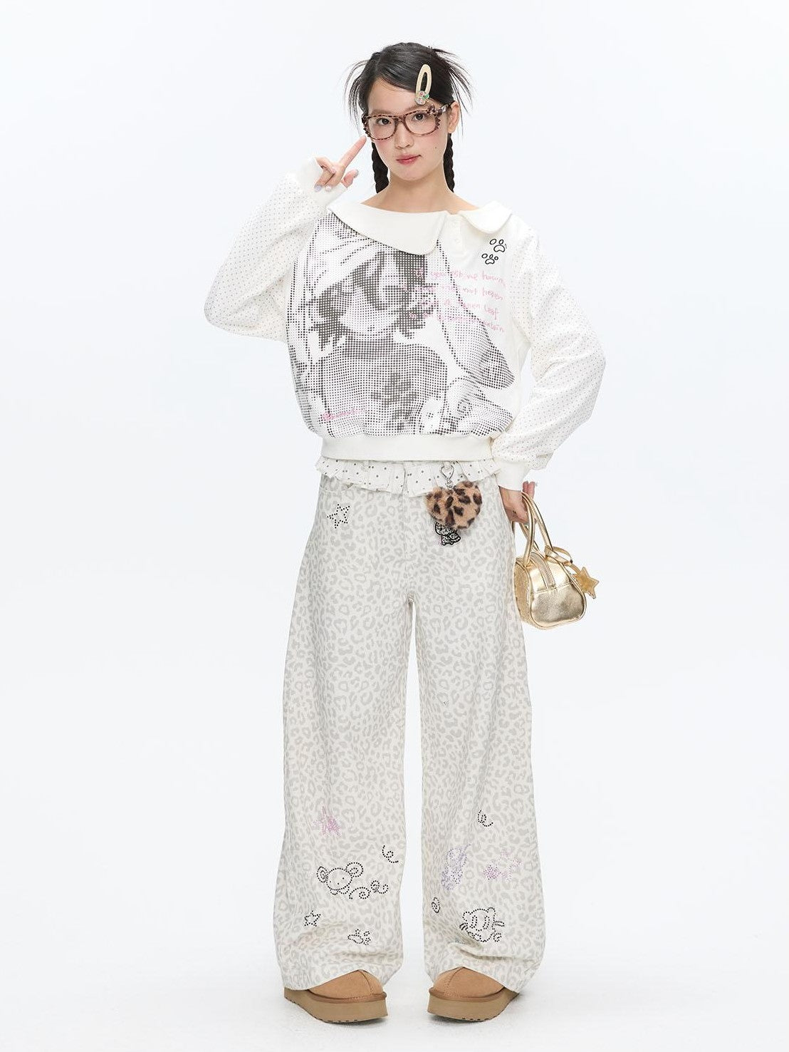 BETWEENAND White Leopard Print Rhinestone Lace High Waist Women&
