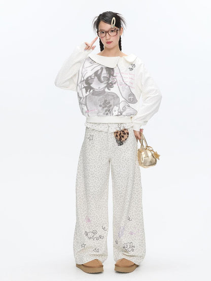 BETWEENAND White Leopard Print Rhinestone Lace High Waist Women&
