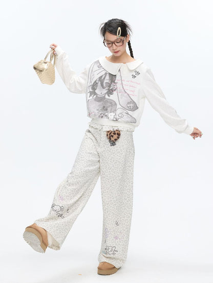 BETWEENAND White Leopard Print Rhinestone Lace High Waist Women&