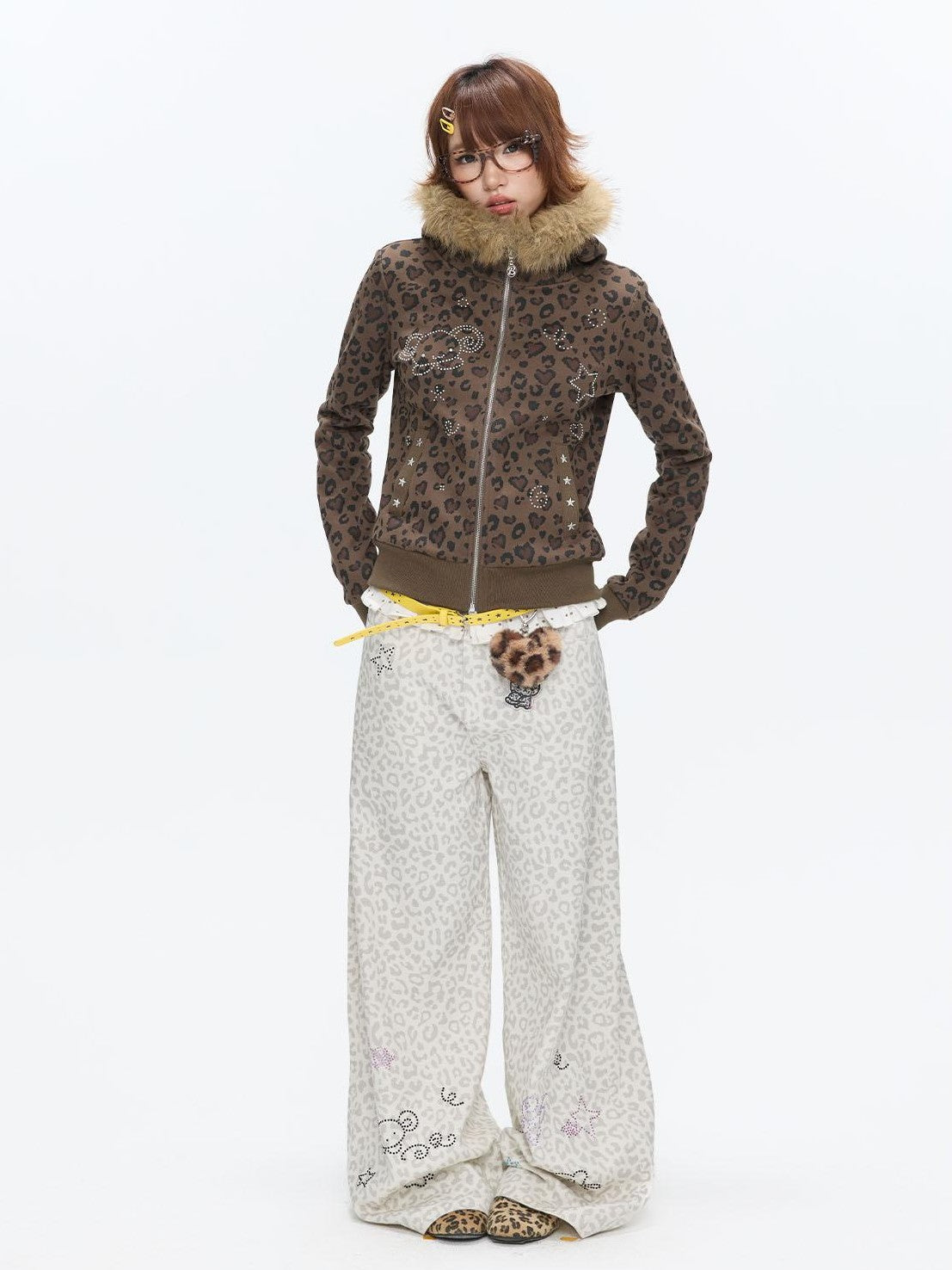 BETWEENAND White Leopard Print Rhinestone Lace High Waist Women&