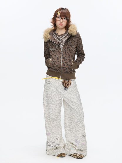 BETWEENAND White Leopard Print Rhinestone Lace High Waist Women&