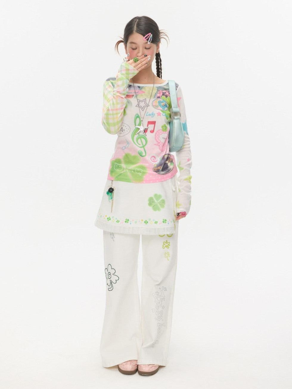 BETWEENAND White Lucky Note Print Patchwork Women&