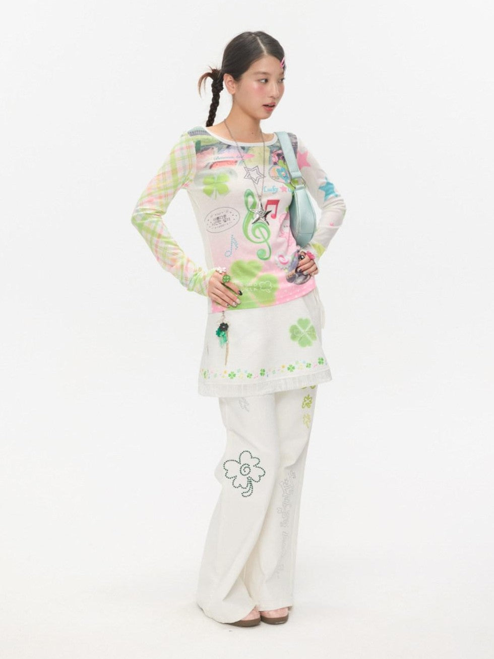 BETWEENAND White Lucky Note Print Patchwork Women&