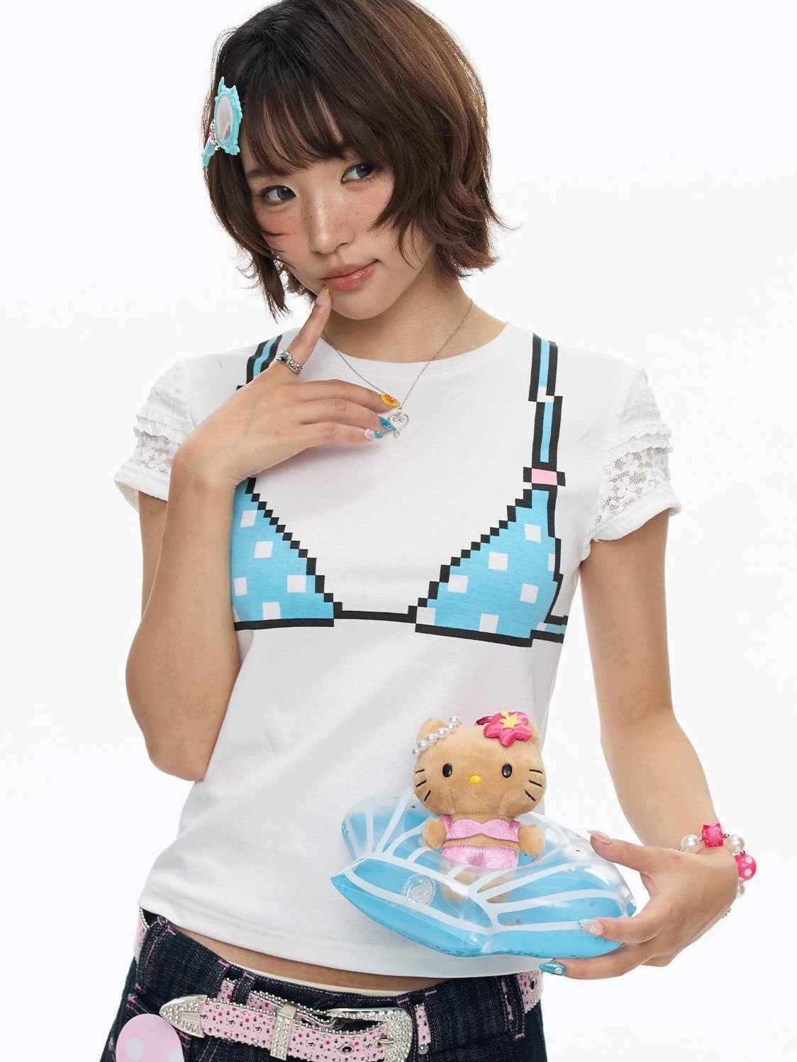 BETWEENAND White Pixel Bead Doodle Print Women&