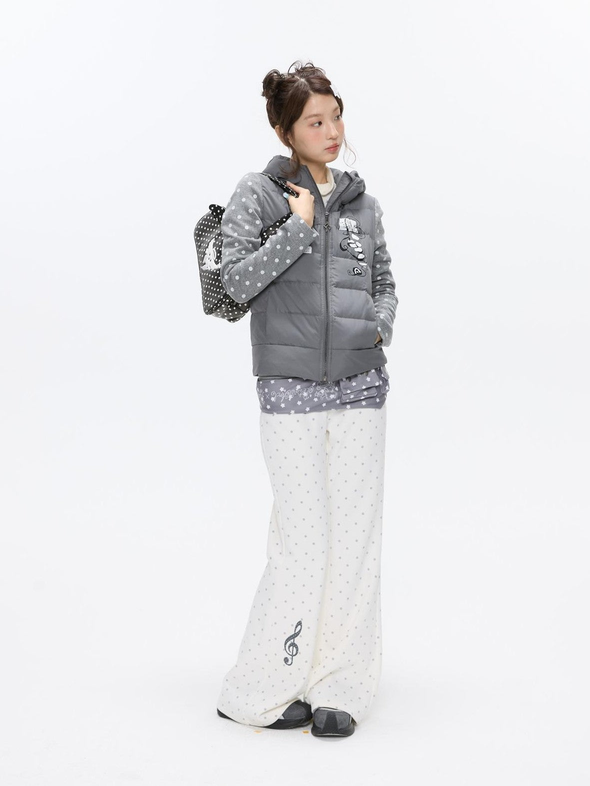 BETWEENAND White Polka Dot Patchwork Fleece Lined High Waist Women&