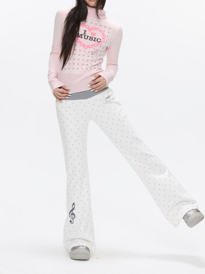 BETWEENAND White Polka Dot Patchwork Fleece Lined High Waist Women&