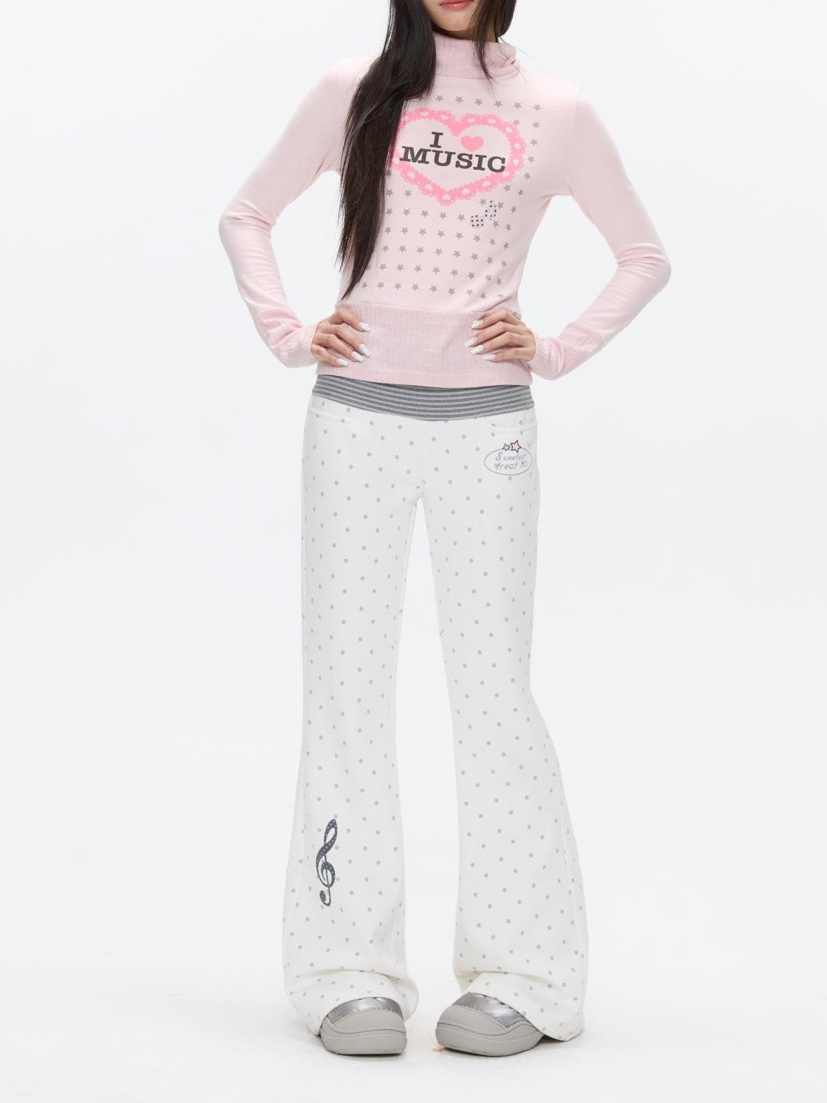 BETWEENAND White Polka Dot Patchwork Fleece Lined High Waist Women&