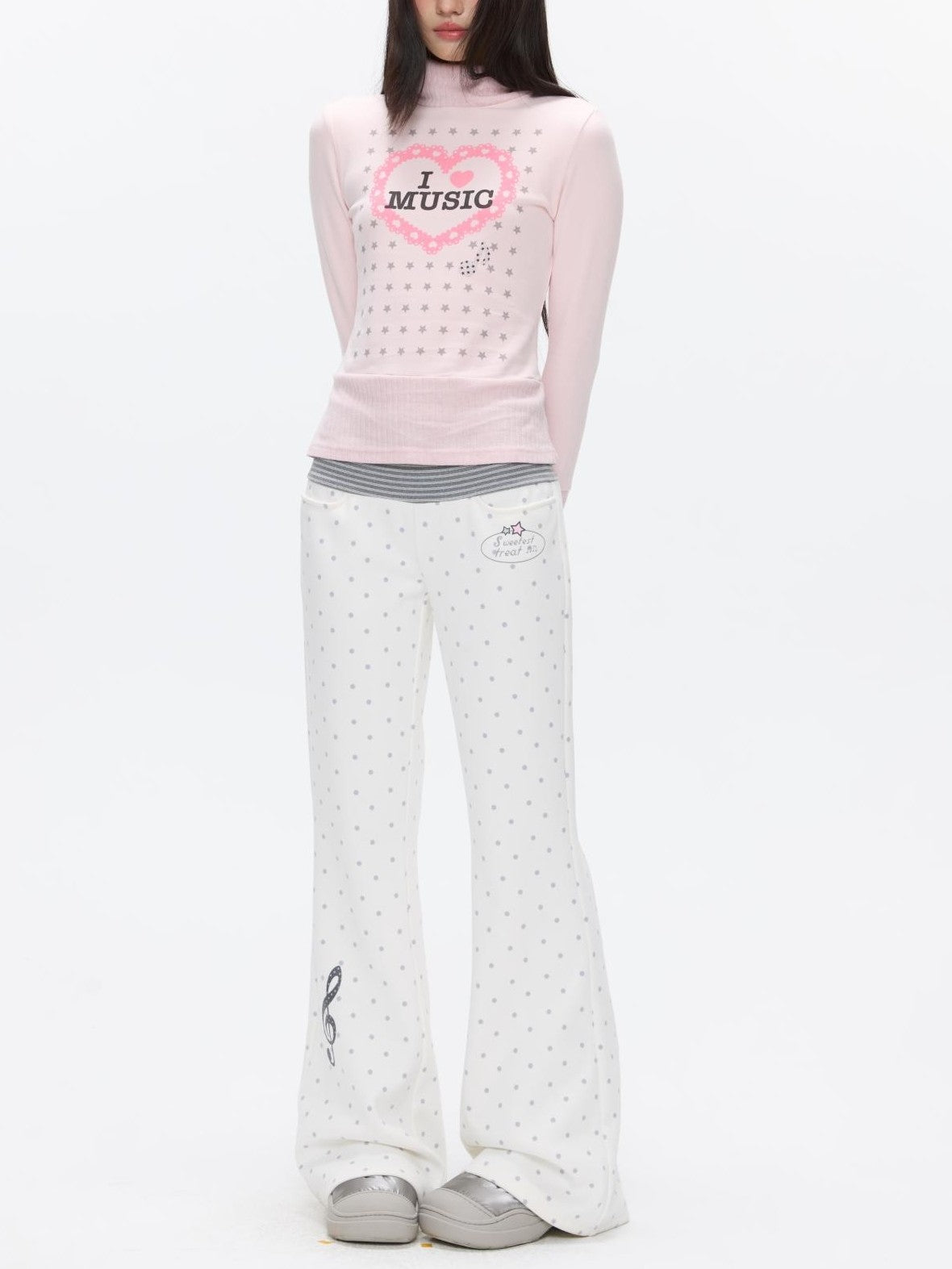 BETWEENAND White Polka Dot Patchwork Fleece Lined High Waist Women&