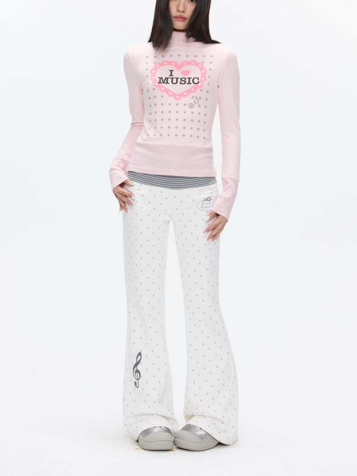 BETWEENAND White Polka Dot Patchwork Fleece Lined High Waist Women&