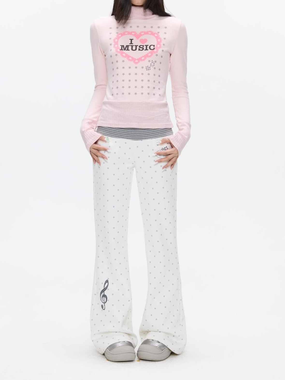 BETWEENAND White Polka Dot Patchwork Fleece Lined High Waist Women&