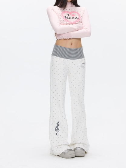 BETWEENAND White Polka Dot Patchwork Fleece Lined High Waist Women&