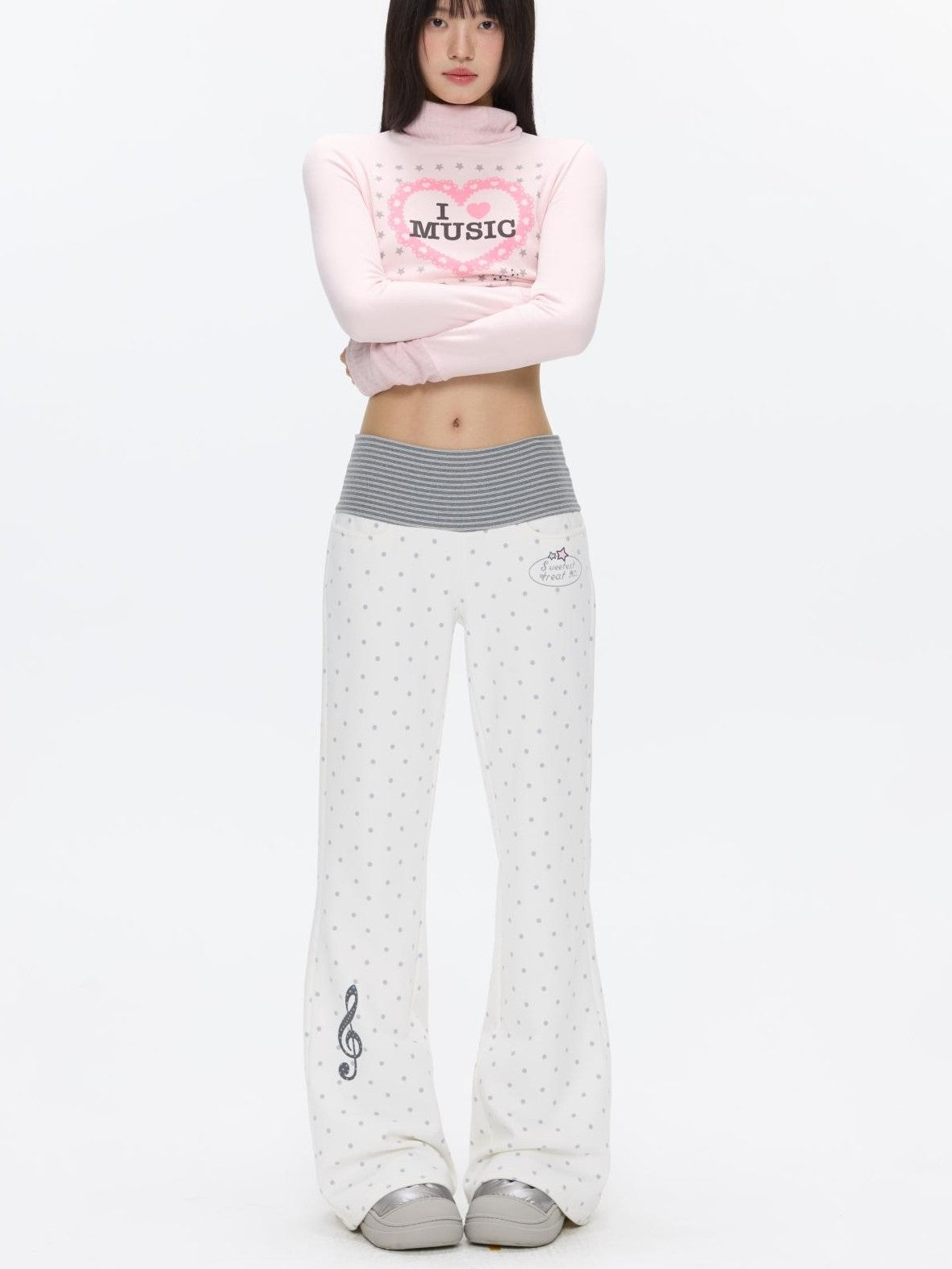 BETWEENAND White Polka Dot Patchwork Fleece Lined High Waist Women&