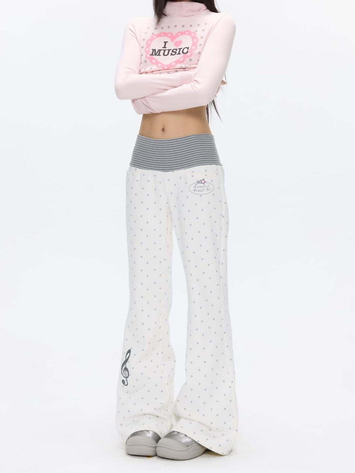 BETWEENAND White Polka Dot Patchwork Fleece Lined High Waist Women&