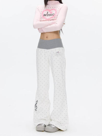 BETWEENAND White Polka Dot Patchwork Fleece Lined High Waist Women&
