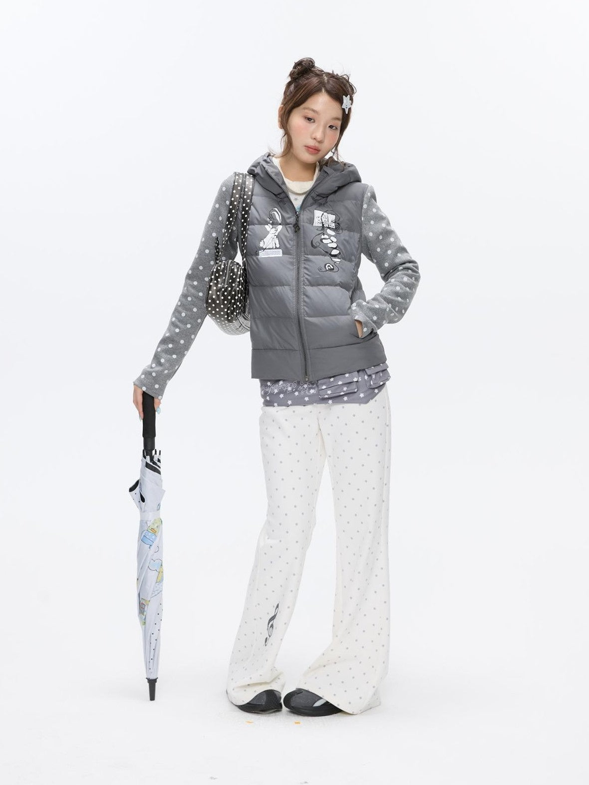 BETWEENAND White Polka Dot Patchwork Fleece Lined High Waist Women&