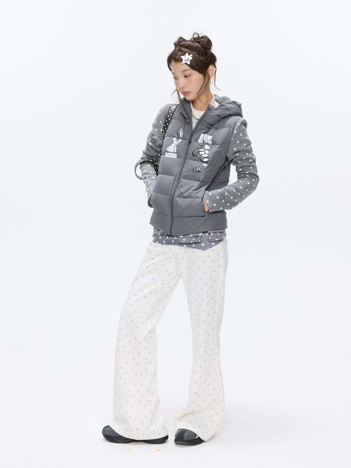 BETWEENAND White Polka Dot Patchwork Fleece Lined High Waist Women&
