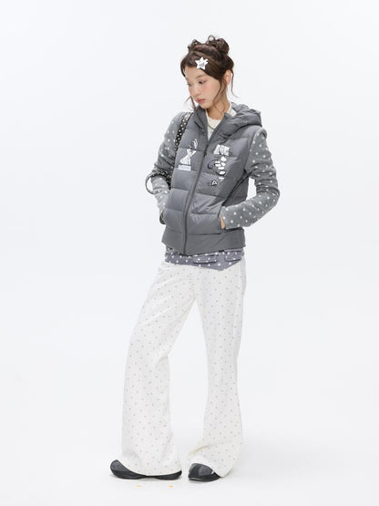 BETWEENAND White Polka Dot Patchwork Fleece Lined High Waist Women&
