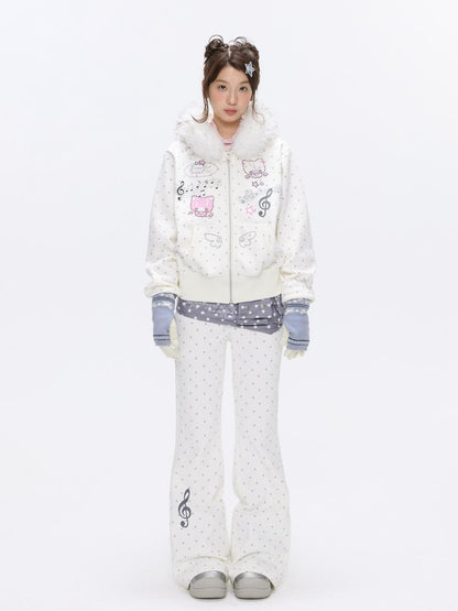 BETWEENAND White Polka Dot Patchwork Fleece Lined High Waist Women&