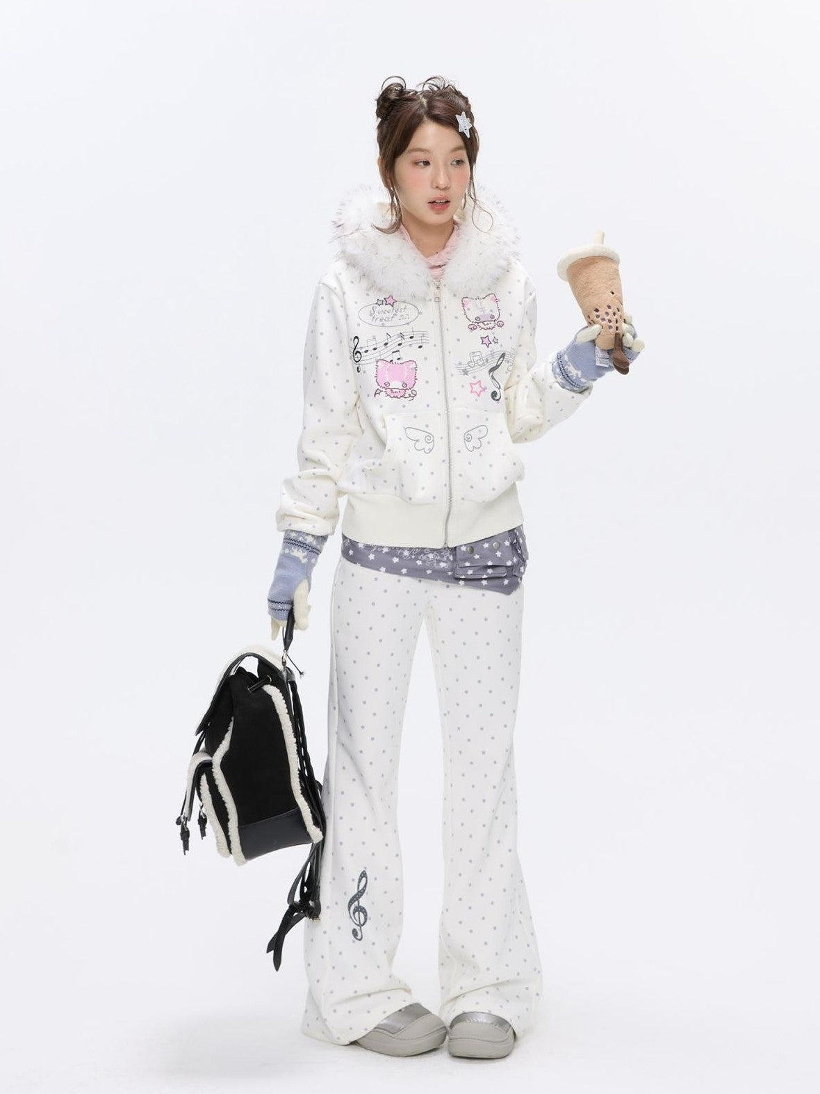 BETWEENAND White Polka Dot Patchwork Fleece Lined High Waist Women&
