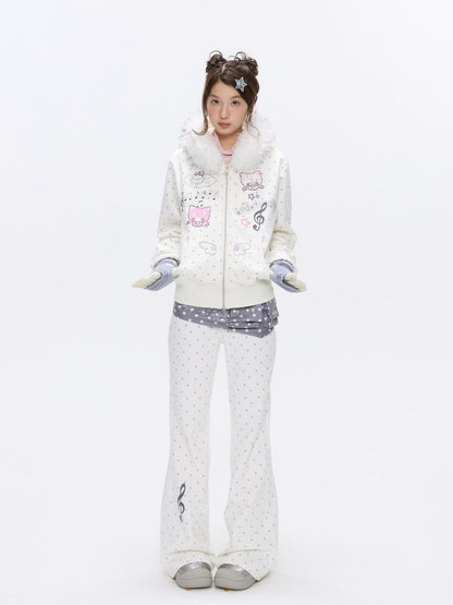 BETWEENAND White Polka Dot Patchwork Fleece Lined High Waist Women&