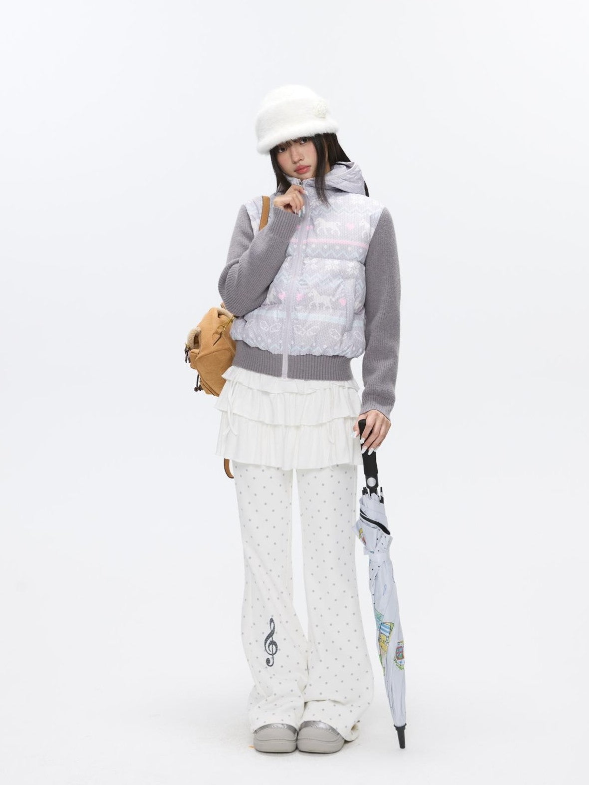 BETWEENAND White Polka Dot Patchwork Fleece Lined High Waist Women&