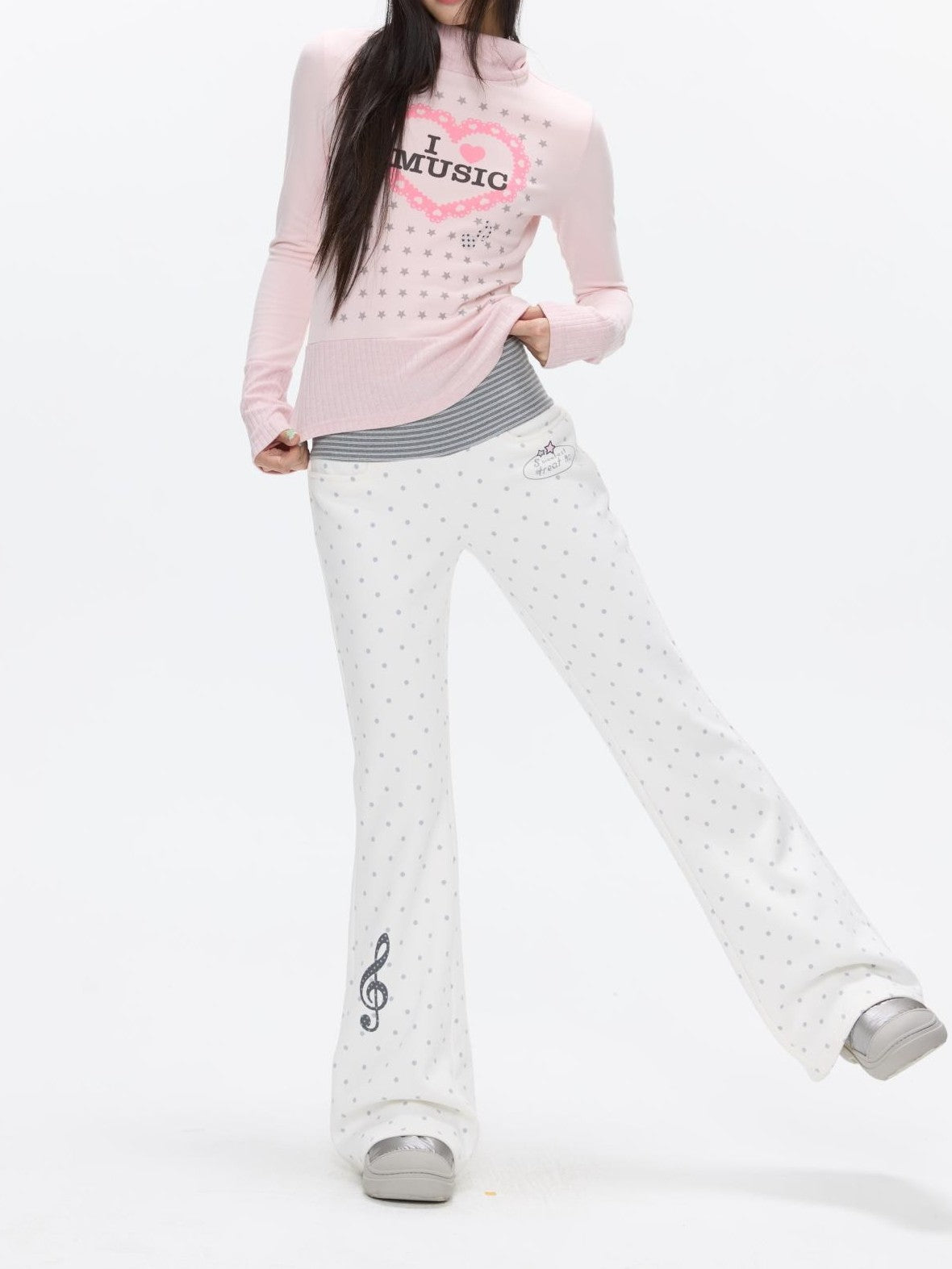 BETWEENAND White Polka Dot Patchwork Fleece Lined High Waist Women&
