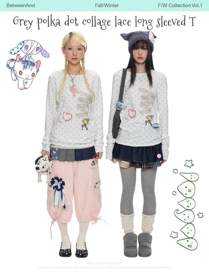 BETWEENAND White Polka Dot Patchwork Lace Women&