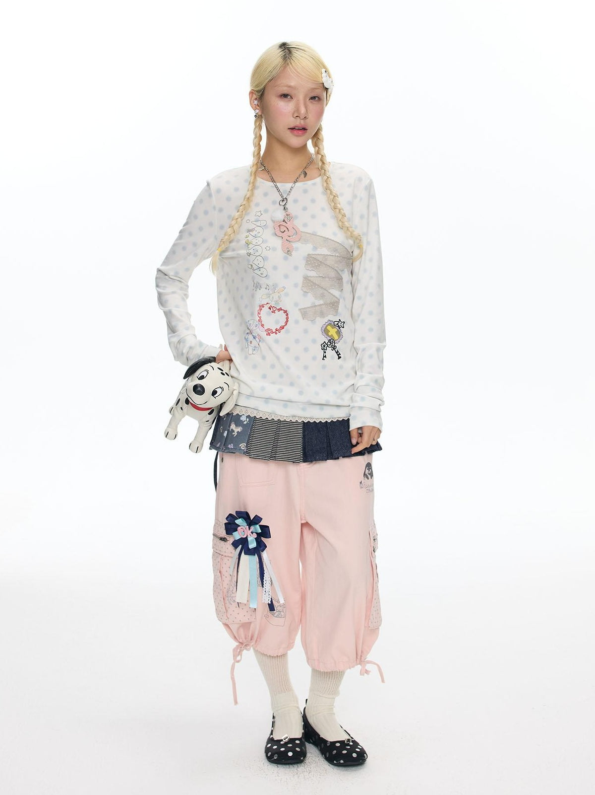 BETWEENAND White Polka Dot Patchwork Lace Women&