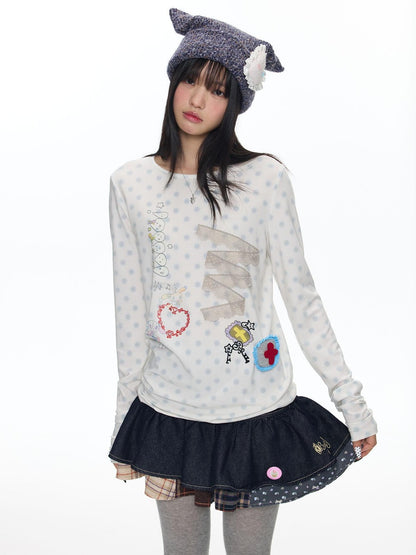 BETWEENAND White Polka Dot Patchwork Lace Women&