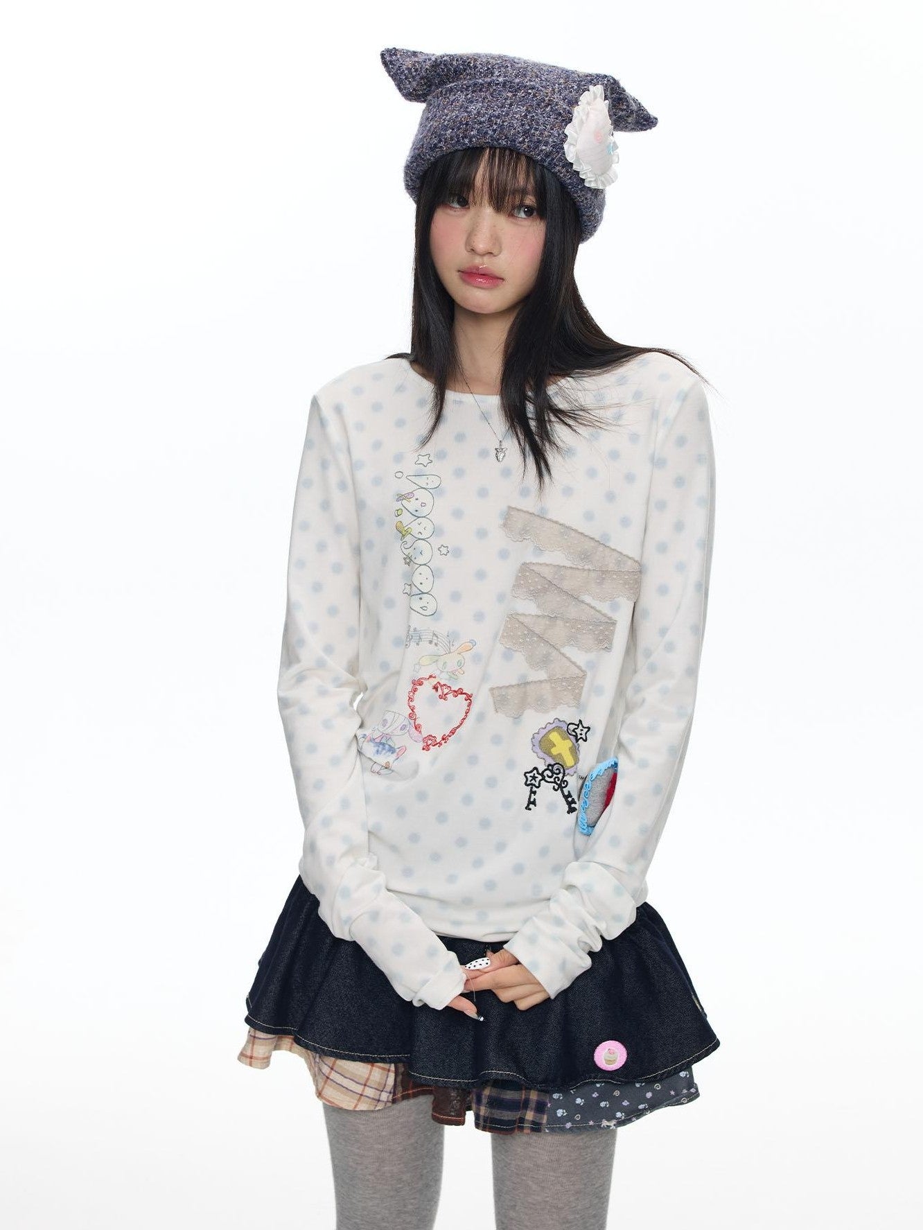BETWEENAND White Polka Dot Patchwork Lace Women&