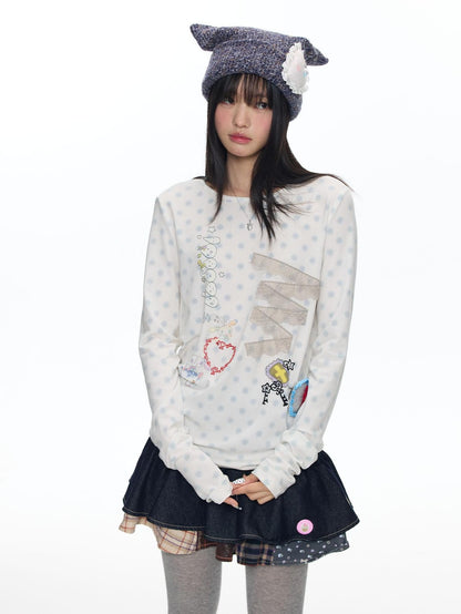 BETWEENAND White Polka Dot Patchwork Lace Women&