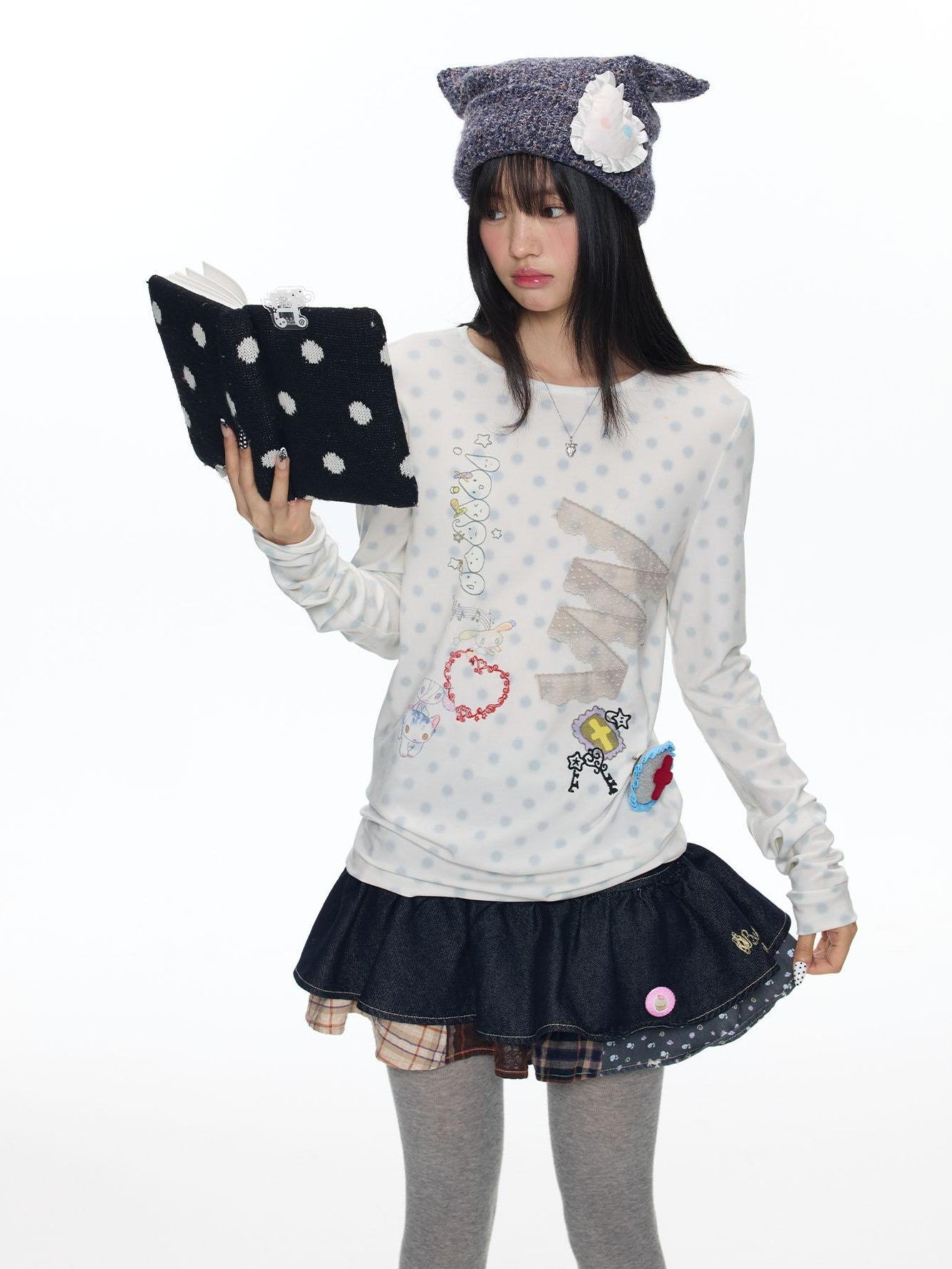 BETWEENAND White Polka Dot Patchwork Lace Women&