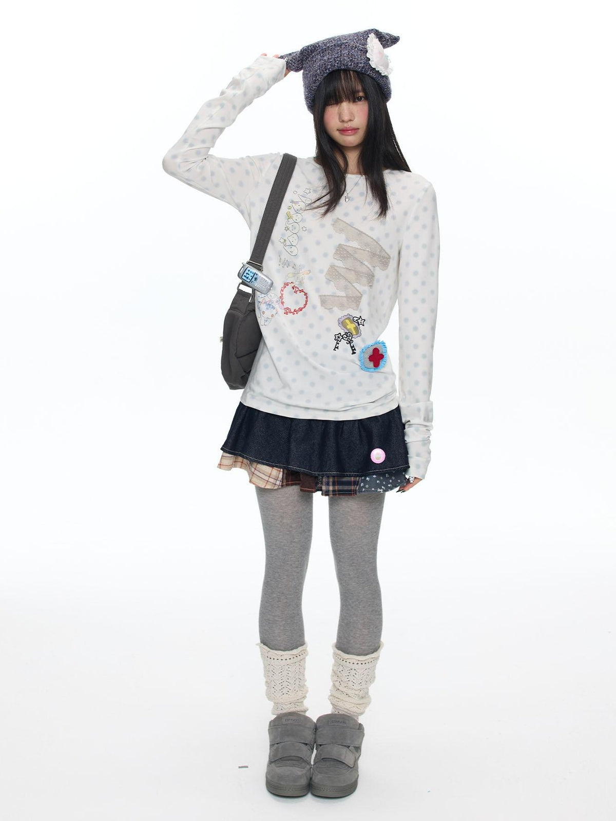 BETWEENAND White Polka Dot Patchwork Lace Women&
