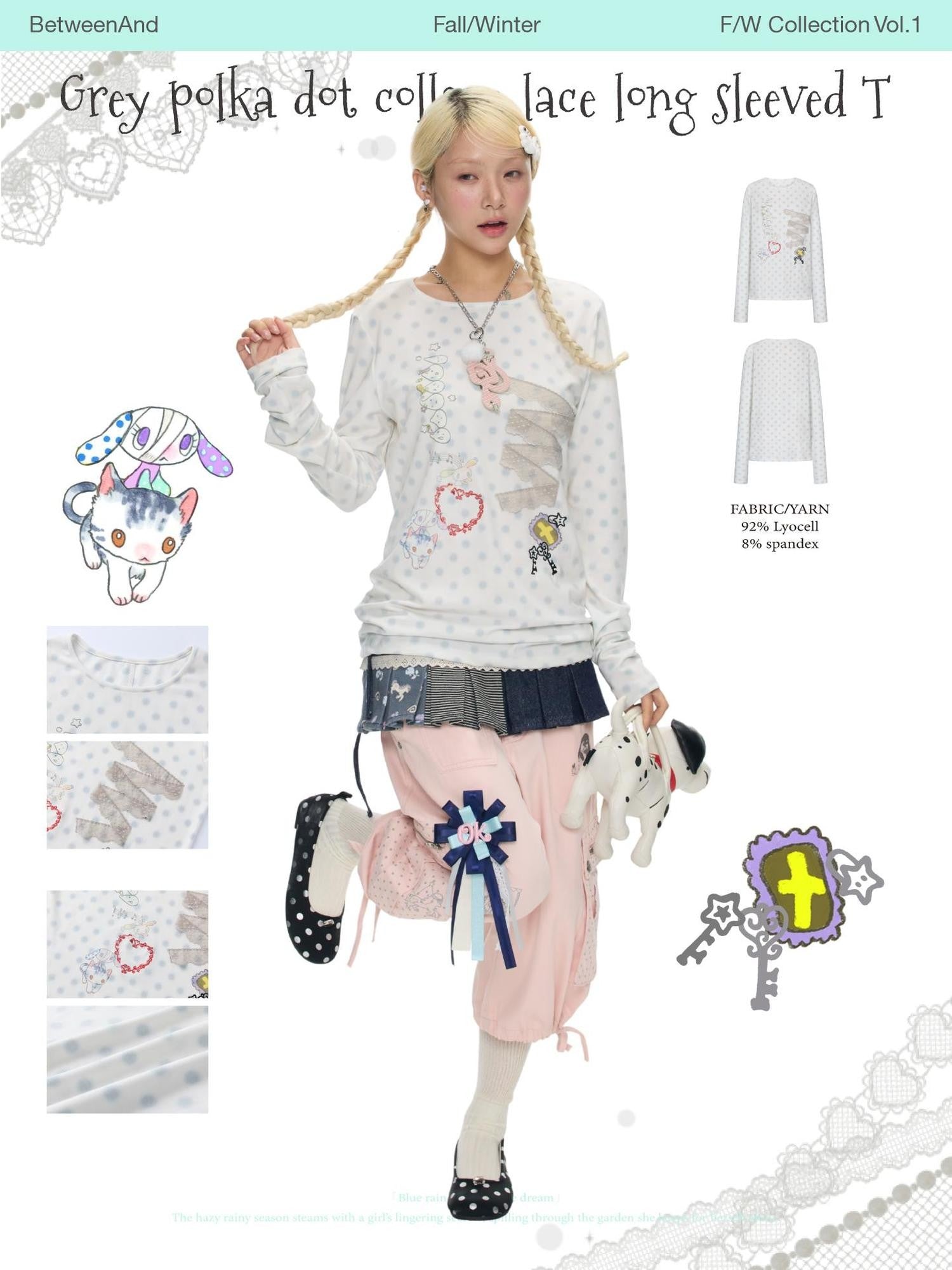 BETWEENAND White Polka Dot Patchwork Lace Women&