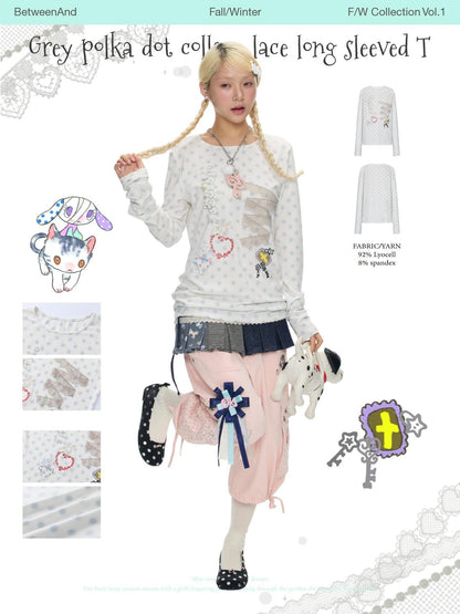 BETWEENAND White Polka Dot Patchwork Lace Women&