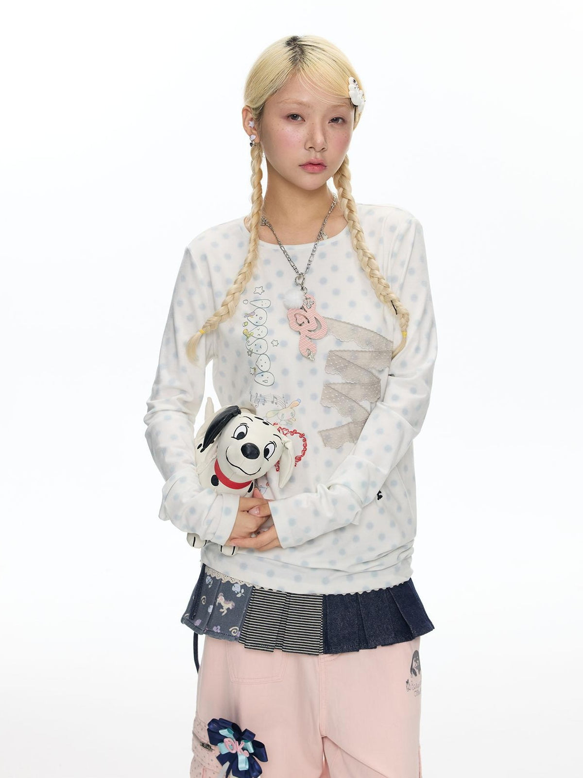 BETWEENAND White Polka Dot Patchwork Lace Women&