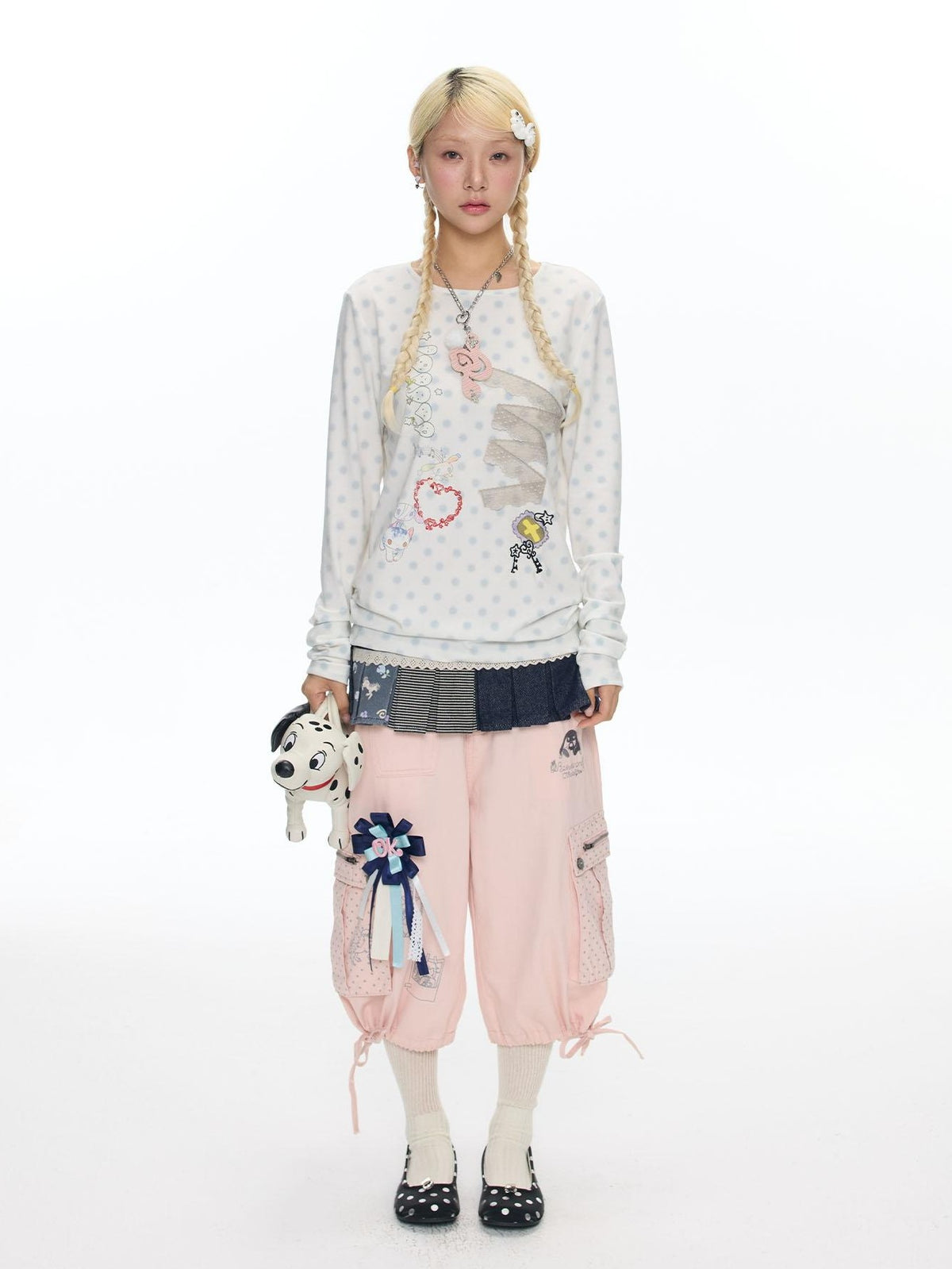 BETWEENAND White Polka Dot Patchwork Lace Women&