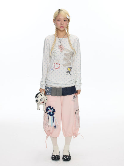 BETWEENAND White Polka Dot Patchwork Lace Women&