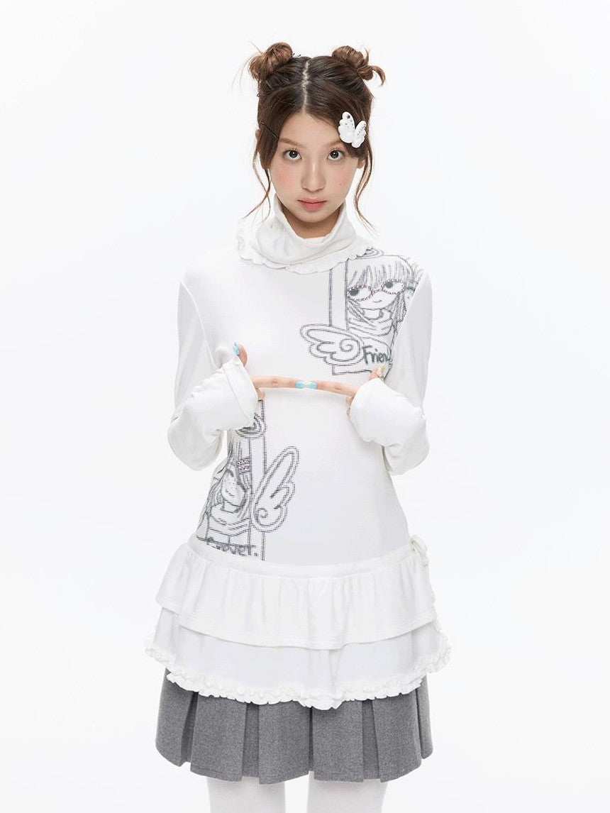 BETWEENAND White Printed Lace Layered High Neck Women&