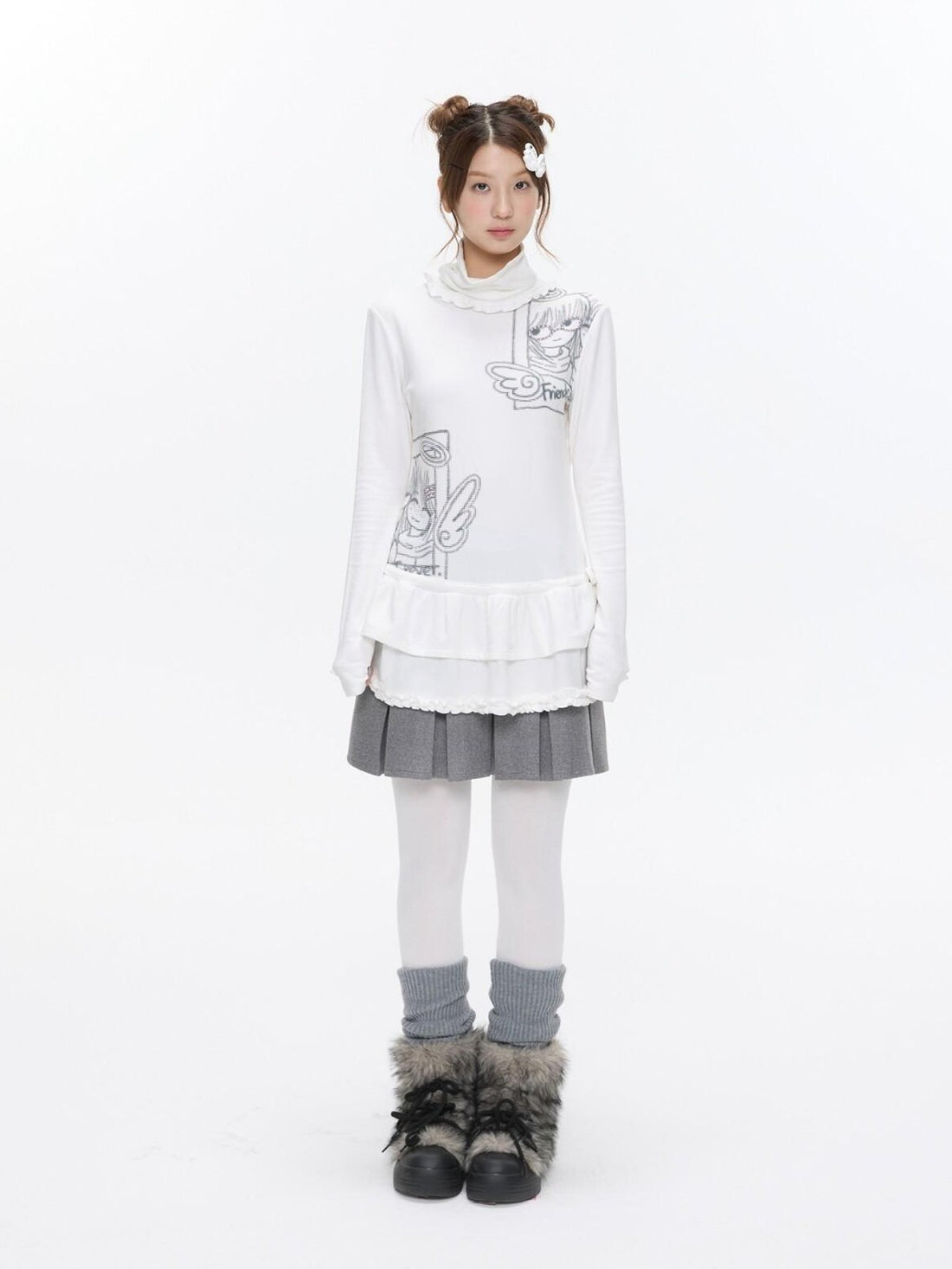 BETWEENAND White Printed Lace Layered High Neck Women&